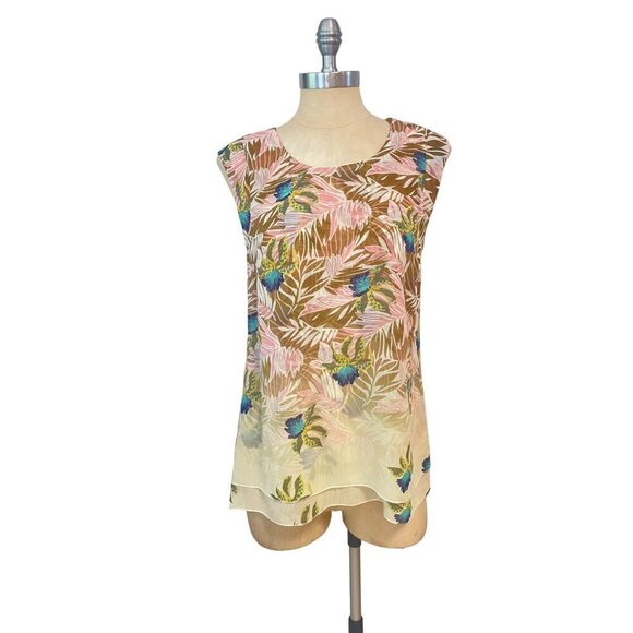CAbi Tops - CAbi Floral layered Tropical Print parlor split back blouse Small
